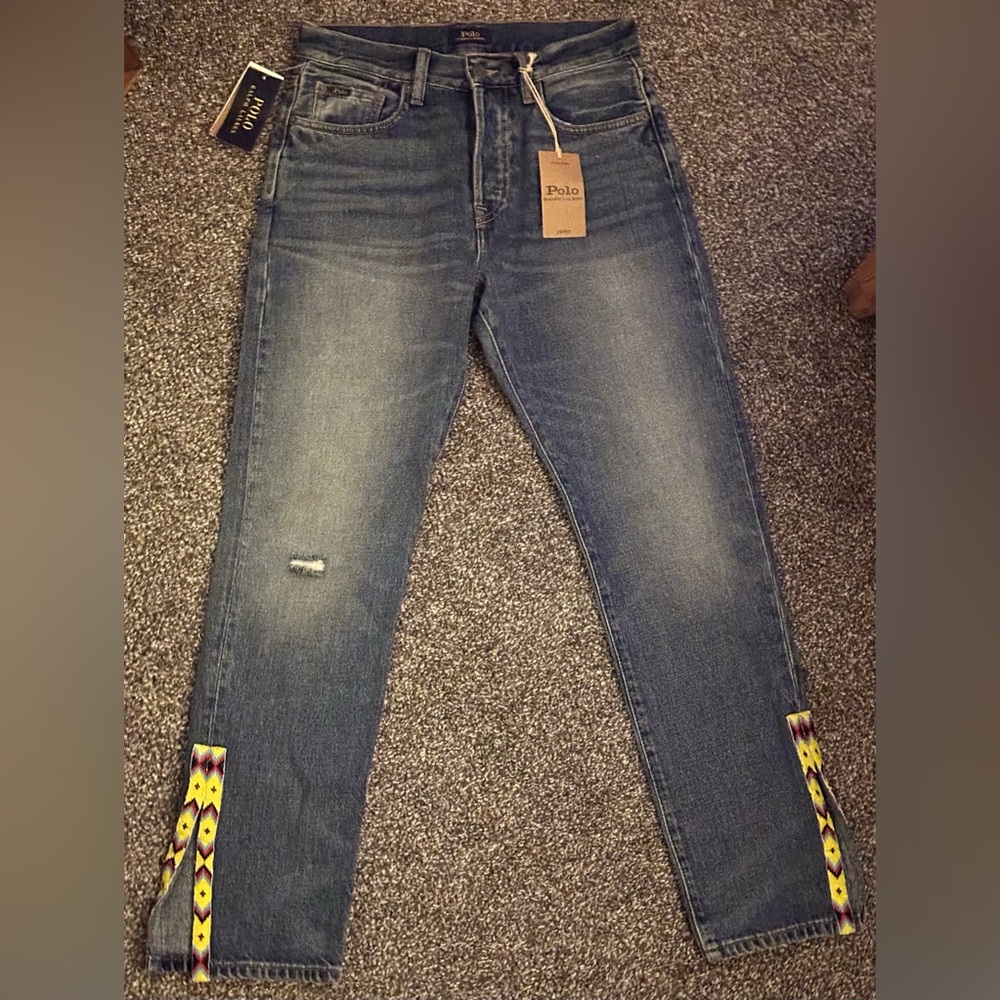 Polo Ralph Lauren, Blue Slim High Boho Aztec Beadwork Slit Hem